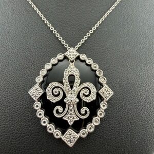 Makers Mark ATR Black Onyx Fleur-de-lis Sterling Silver 925 Pendant Necklace